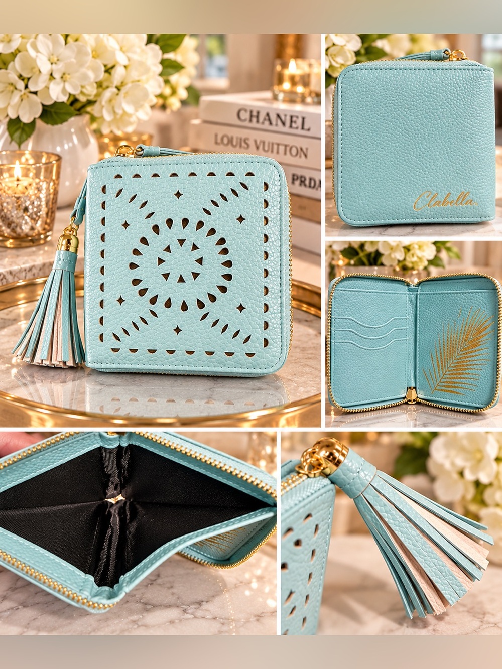 Cleobella Light Blue Laser-Cut Zip Wallet with Tassel